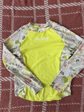 Volcom Neon Yellow Rash Guard with Pastel Floral Sleeves
